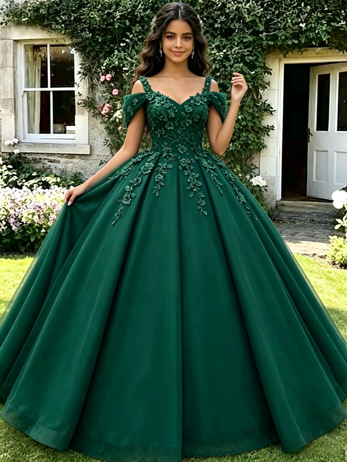 Green Tulle Off the Shoulder Appliques Quinceanera Dress