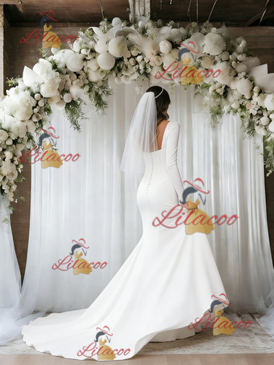 White Mermaid Long Sleeve Square Neck Wedding Dress