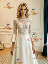 Ivory Satin Short Sleeve Lace Appliques Wedding Dress