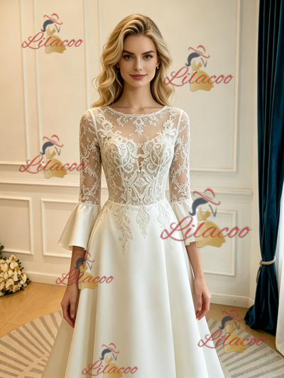 Ivory Satin Short Sleeve Lace Appliques Wedding Dress