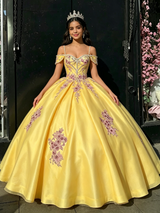 Yellow Tulle Straps Appliques Quinceanera Dress
