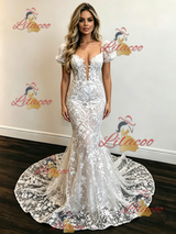 White Mermaid Lace Puff Sleeve Wedding Dress