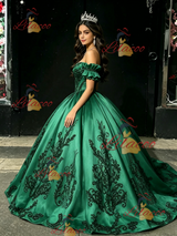 Green Satin Appliques Off the Shoulder Quinceanera Dress