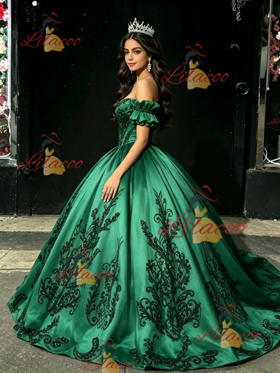 Green Satin Appliques Off the Shoulder Quinceanera Dress