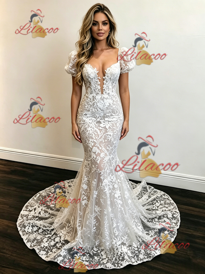 White Mermaid Lace Puff Sleeve Wedding Dress