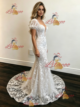 White Mermaid Lace Puff Sleeve Wedding Dress