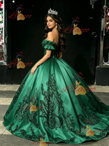 Green Satin Appliques Off the Shoulder Quinceanera Dress