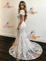 White Mermaid Lace Puff Sleeve Wedding Dress