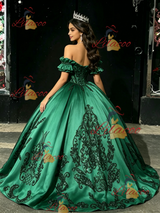 Green Satin Appliques Off the Shoulder Quinceanera Dress
