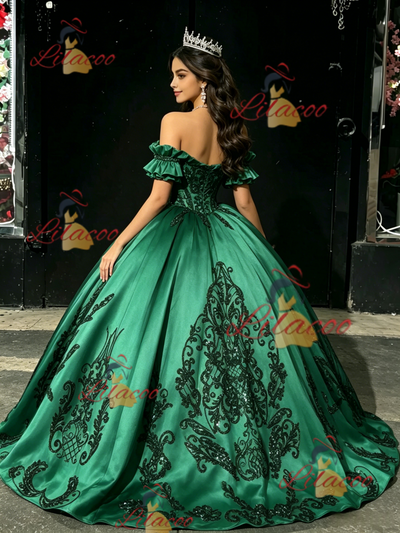Green Satin Appliques Off the Shoulder Quinceanera Dress