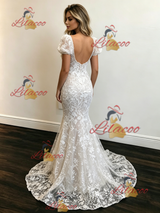White Mermaid Lace Puff Sleeve Wedding Dress
