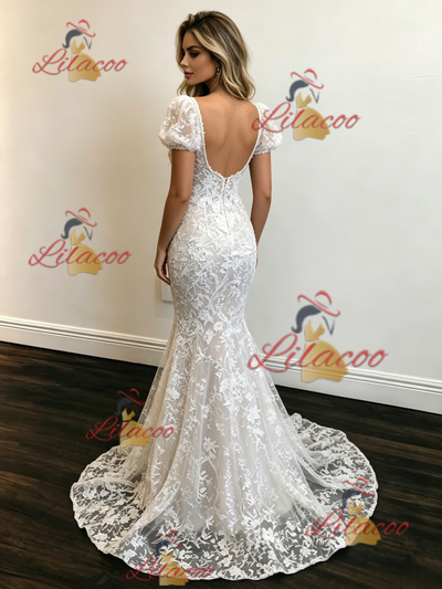 White Mermaid Lace Puff Sleeve Wedding Dress