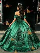 Green Satin Appliques Off the Shoulder Quinceanera Dress