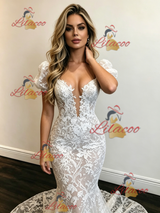 White Mermaid Lace Puff Sleeve Wedding Dress