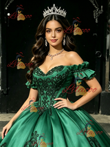 Green Satin Appliques Off the Shoulder Quinceanera Dress