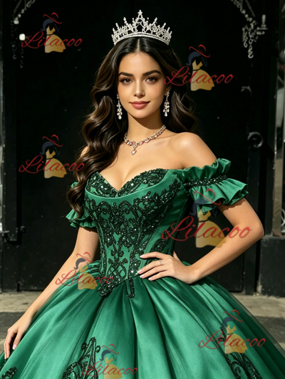 Green Satin Appliques Off the Shoulder Quinceanera Dress