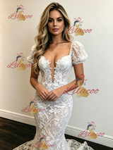 White Mermaid Lace Puff Sleeve Wedding Dress