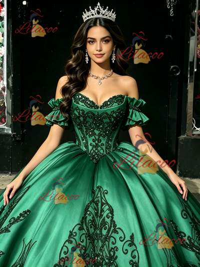 Green Satin Appliques Off the Shoulder Quinceanera Dress