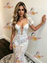 White Mermaid Lace Puff Sleeve Wedding Dress