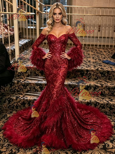 Burgundy Mermaid Sequins Long Sleeve Prom Dress
