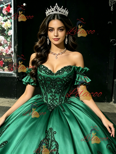Green Satin Appliques Off the Shoulder Quinceanera Dress