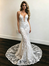 White Mermaid Lace Spaghetti Straps Wedding Dress