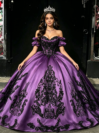 Purple Satin Strapless Appliques Quinceanera Dress