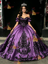 Purple Satin Strapless Appliques Quinceanera Dress