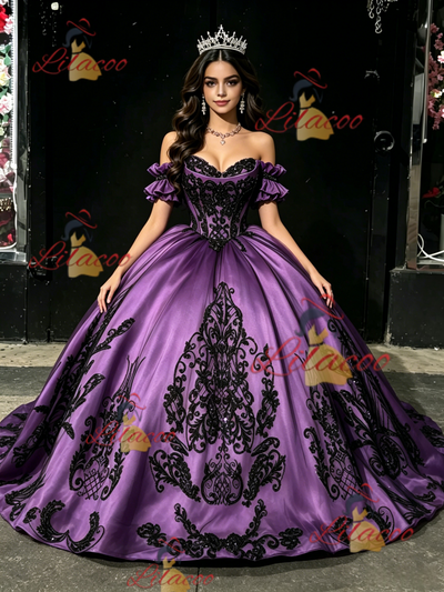 Purple Satin Strapless Appliques Quinceanera Dress