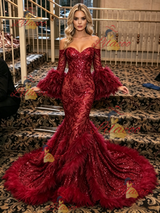 Burgundy Mermaid Sequins Long Sleeve Prom Dress