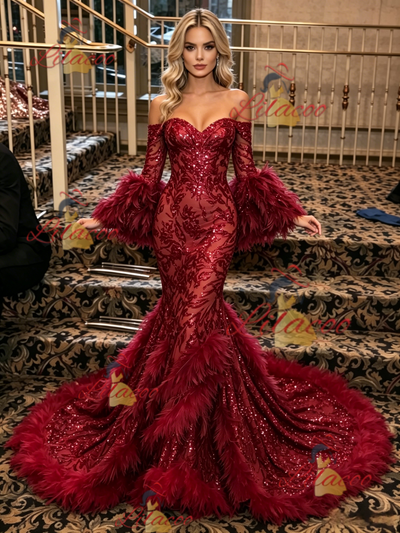 Burgundy Mermaid Sequins Long Sleeve Prom Dress
