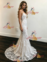 White Mermaid Lace Spaghetti Straps Wedding Dress