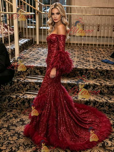 Burgundy Mermaid Sequins Long Sleeve Prom Dress