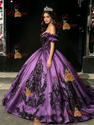 Purple Satin Strapless Appliques Quinceanera Dress