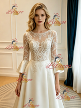 Ivory Satin Short Sleeve Lace Appliques Wedding Dress