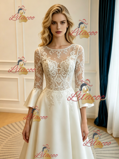 Ivory Satin Short Sleeve Lace Appliques Wedding Dress