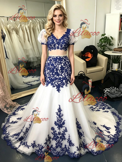 White Tulle Mermaid Appliques Prom Dress
