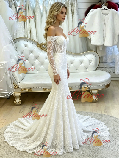 White Mermaid Lace Long Sleeve Wedding Dress