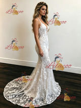 White Mermaid Lace Spaghetti Straps Wedding Dress