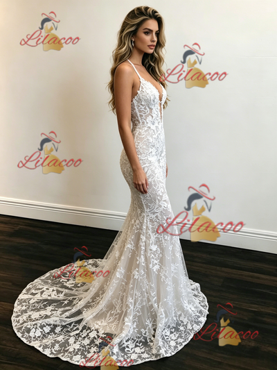 White Mermaid Lace Spaghetti Straps Wedding Dress