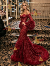 Burgundy Mermaid Sequins Long Sleeve Prom Dress