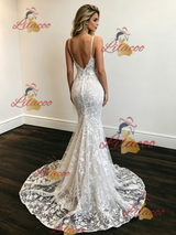 White Mermaid Lace Spaghetti Straps Wedding Dress