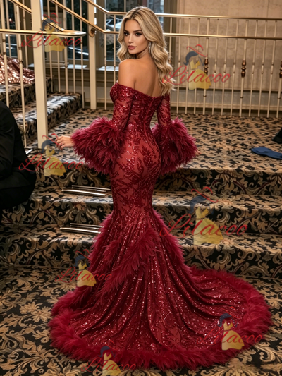 Burgundy Mermaid Sequins Long Sleeve Prom Dress