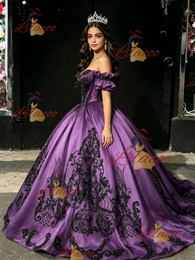 Purple Satin Strapless Appliques Quinceanera Dress