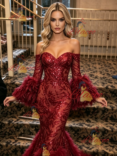 Burgundy Mermaid Sequins Long Sleeve Prom Dress