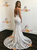 White Mermaid Lace Spaghetti Straps Wedding Dress