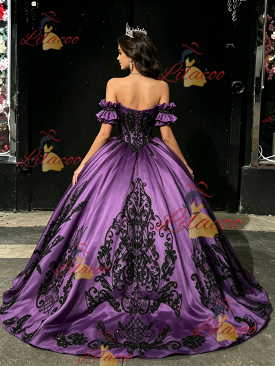 Purple Satin Strapless Appliques Quinceanera Dress