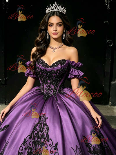 Purple Satin Strapless Appliques Quinceanera Dress