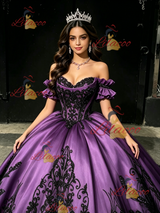 Purple Satin Strapless Appliques Quinceanera Dress