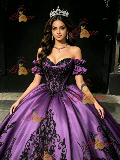 Purple Satin Strapless Appliques Quinceanera Dress